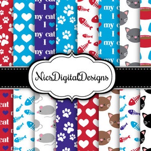 20 Digital Papers. Cat Mixed Patterns in Red and Navy (7A no 2) for Personal Use and Small Commercial Use Scrapbooking