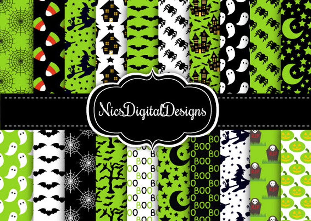 20 Digital Papers. Halloween Characters in Green and Black 3F No 3 for ...