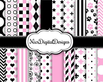 20 Digital Papers. 2 Tone Colours in Black and Pink 2 (9A no 12) for Personal Use and Small Commercial Use Scrapbooking
