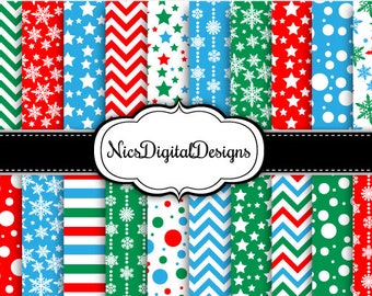 20 Digital Papers. Christmas Snowflakes in Red Blue Green  (3B no 3) for Personal Use and Small Commercial Use Scrapbooking