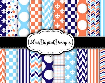 20 Digital Papers.  3 Tone Patterns in Navy Blue Orange (4C no 3) for Personal Use and Small Commercial Use scrapbooking