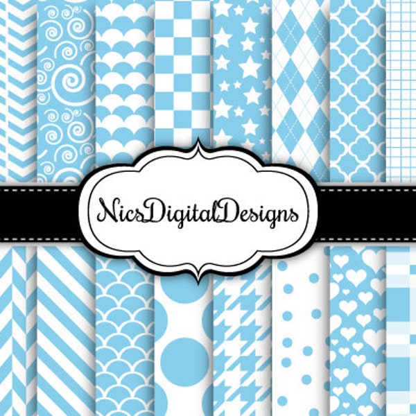 20 Digital Papers. Single Colour in Baby Blue and White (5 no 5) for Personal Use and Small Commercial Use scrapbooking