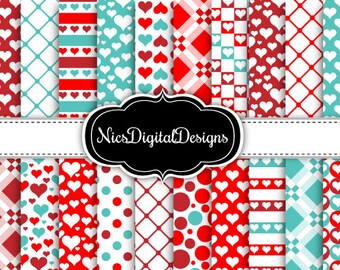 20 Digital Papers. Plaid Valentine Patterns in Red and Green (1D no 2) for Personal Use and Small Commercial Use Scrapbooking