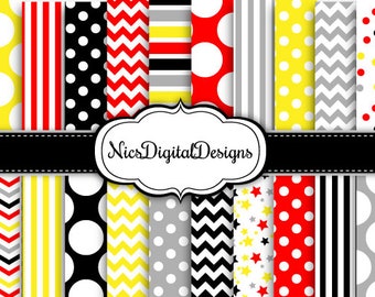 20 Digital Papers. 4 Tone in Yellow Red Black Grey (4B no 12) for Personal Use and Small Commercial Use Scrapbooking
