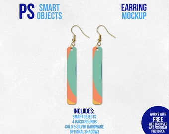 Sublimation Bar Earrings Photoshop Smart Object Mockup, Photopea Mockup, Multiple Background Options, Flat Lay Mockup Included