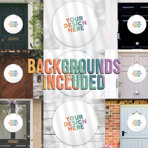 May include: A mockup of a round, customisable door hanger with the text "YOUR DESIGN HERE" in a colourful, retro font. The door hanger is shown on different door backgrounds, including wood, brick, and marble.