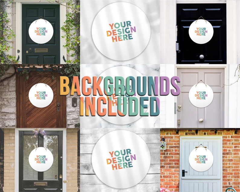 May include: A mockup of a round, customisable door hanger with the text "YOUR DESIGN HERE" in a colourful, retro font. The door hanger is shown on different door backgrounds, including wood, brick, and marble.