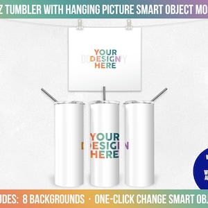 20 oz Skinny Tumbler with Hanging Picture One-Click Smart Object Mockup, Photoshop Mock-up, Full View Wrap, Action Included