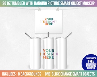 20 oz Skinny Tumbler with Hanging Picture One-Click Smart Object Mockup, Photoshop Mock-up, Full View Wrap, Action Included