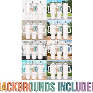 May include: Set of eight white stainless steel tumblers with handles and lids. Each tumbler features a colourful design that says "Your Design Here". The tumblers are shown against various backgrounds.