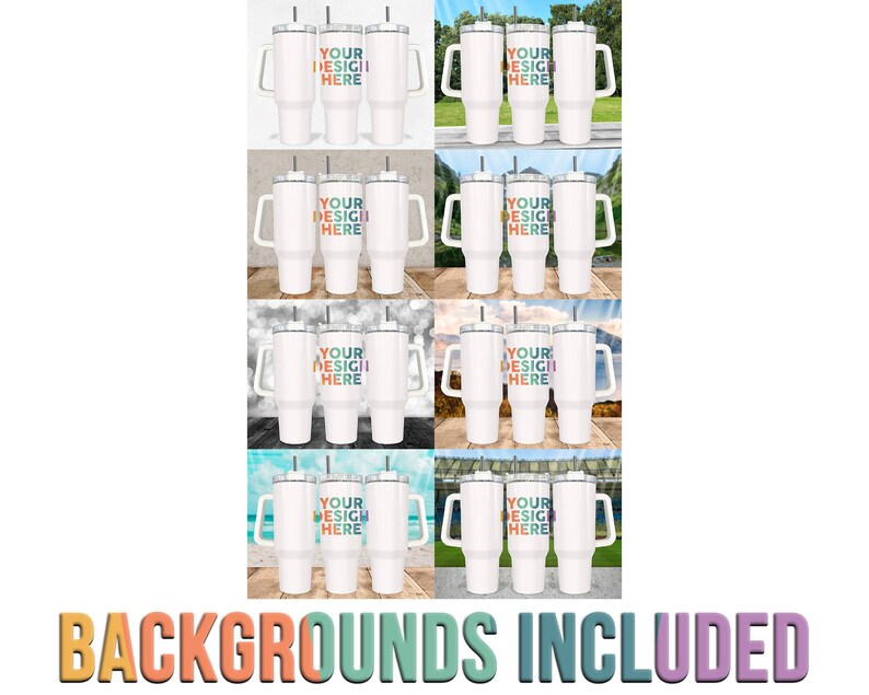 May include: Set of eight white stainless steel tumblers with handles and lids. Each tumbler features a colourful design that says "Your Design Here". The tumblers are shown against various backgrounds.