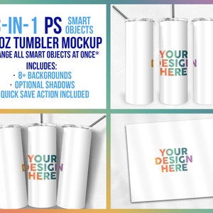 3-in-1 20 oz Skinny Tumbler One-Click Smart Object Mockup, Photoshop Mock-up, Straw Options, Background Options, Action Included