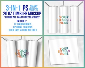 3-in-1 20 oz Skinny Tumbler One-Click Smart Object Mockup, Photoshop Mock-up, Straw Options, Background Options, Action Included