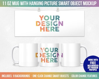 11 oz Ceramic Mug with Hanging Picture Smart Object Mockup, Photoshop Sublimation Mock-up, Full View Wrap, Add Your Own Image