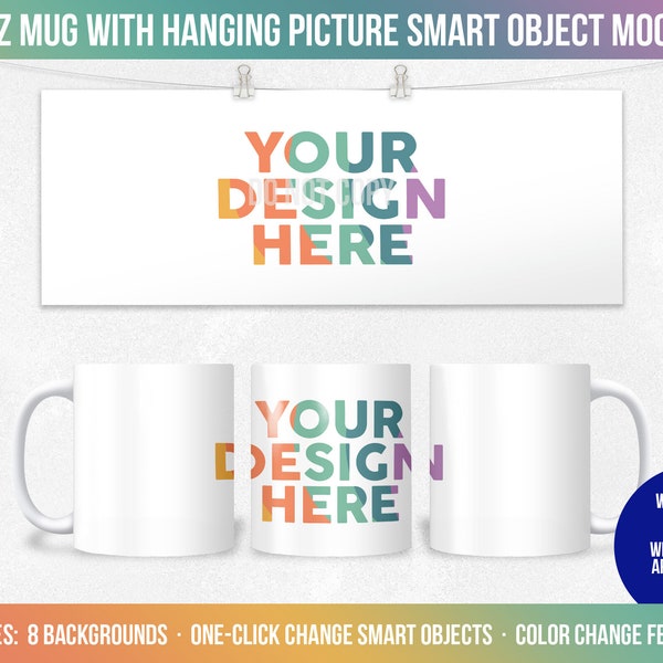 11 oz Ceramic Mug with Hanging Picture Smart Object Mockup, Photoshop Sublimation Mock-up, Full View Wrap, Add Your Own Image