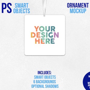 Maqueta de objeto inteligente de adorno navideño cuadrado, maqueta de Photoshop, maqueta de Photopea, múltiples opciones de fondo, maqueta plana incluida