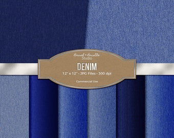 Könnte beinhalten: Ein Set mit sechs digitalen Papiertexturen im Format 30,5 cm x 30,5 cm, die verschiedene Blautöne von Denim zeigen. Die Texturen sind hochauflösende JPG-Dateien mit 300 dpi, perfekt für Bastel- und Designprojekte.