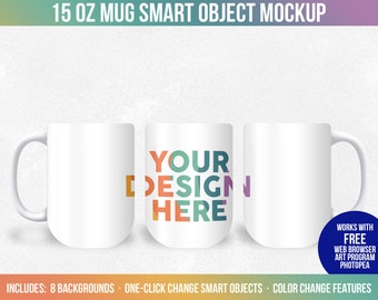 15 oz Ceramic Mug Smart Object Mockup, Photoshop Sublimation Mock-up, Full View Wrap, Add Your Own Image, Add Own Background