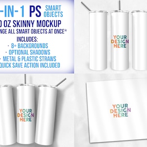 3-in-1 30 oz Skinny Tumbler One-Click Smart Object Mockup | Photoshop Mock-up | Straw Options | Background Options | Action Included