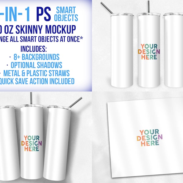 3-in-1 30 oz Skinny Tumbler One-Click Smart Object Mockup | Photoshop Mock-up | Straw Options | Background Options | Action Included