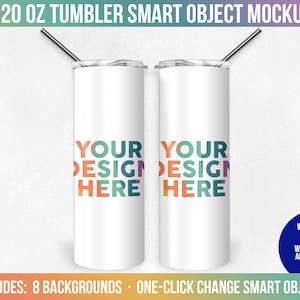 2 20 oz Skinny Tumbler Smart Object Mockup, Photoshop Mock-up, Full View Wrap, Add Your Own Image, Add Own Background