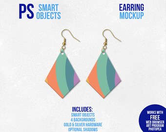 Sublimation Diamond Earrings Photoshop Smart Object Mockup, Photopea Mockup, Multiple Background Options, Flat Lay Mockup Included