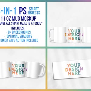 3-in-1 11 oz Ceramic Mug One-Click Smart Object Mockup, Photoshop Mock-up, Sublimation Mockup, Background Options, PS Action Included
