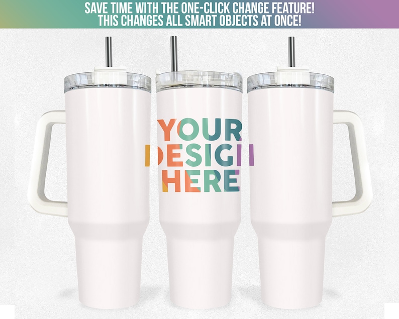 May include: Three white stainless steel travel mugs with handles and lids. The middle mug has the text "YOUR DESIGIL HERE" in colourful letters.