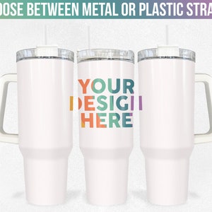 May include: Three white stainless steel travel mugs with handles and lids. The middle mug has the text "YOUR DESIGN HERE" in colourful letters.