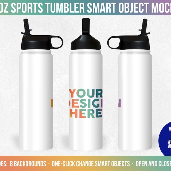 22 oz Sports Tumbler Smart Object Mockup, Photoshop, Canva, Open and Closed Lid, Full View Wrap, Add Your Own Image, Add Own Background