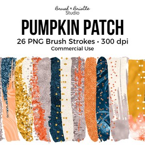 以下が含まれることがあります： 金色、オレンジ色、青色、白色など、さまざまな秋の色の26本のデジタルブラシストローク。ブラシストロークはテクスチャ加工されており、キラキラとした効果があります。画像の上部に「PUMPKIN PATCH」というテキストがあり、ブラシストロークの下に「26 PNG Brush Strokes - 300 dpi」というテキストがあります。画像の下部に「Commercial Use」というテキストがあります。