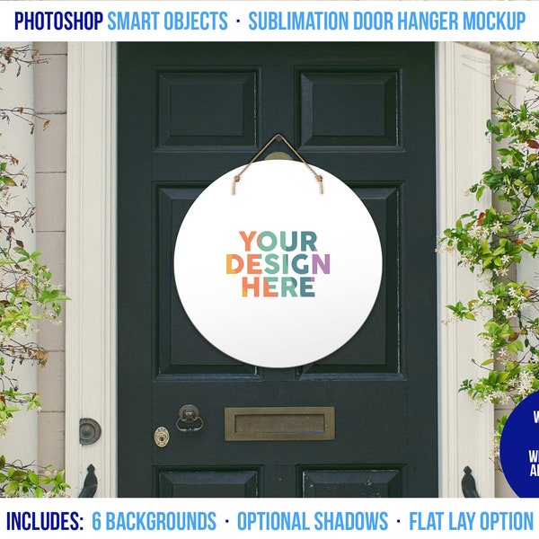 2-in-1 Door Hanger One-Click Smart Object Mockup, Photoshop Mock-up, Photopea Mockup, Multiple Background Options, Flat Lay Mockup Included
