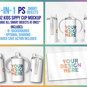 3-in-1 12 oz Kids Sippy Cup One-Click Smart Object Mockup, Photoshop Mock-up, Sublimation Mockup, Background Options, Action Included