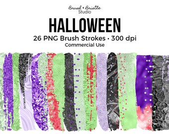 May include: A set of 26 digital brush strokes in various Halloween-themed colors and patterns, including purple, green, black, red, and white. The brush strokes are designed for digital art and crafting projects.  26 PNG Brush Strokes - 300 dpi Commercial Use