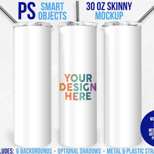 30 oz Skinny Tumbler Smart Object Mockup | Photoshop Mock-up | Full View Sublimation Wrap | Add Your Own Image | Add Own Background