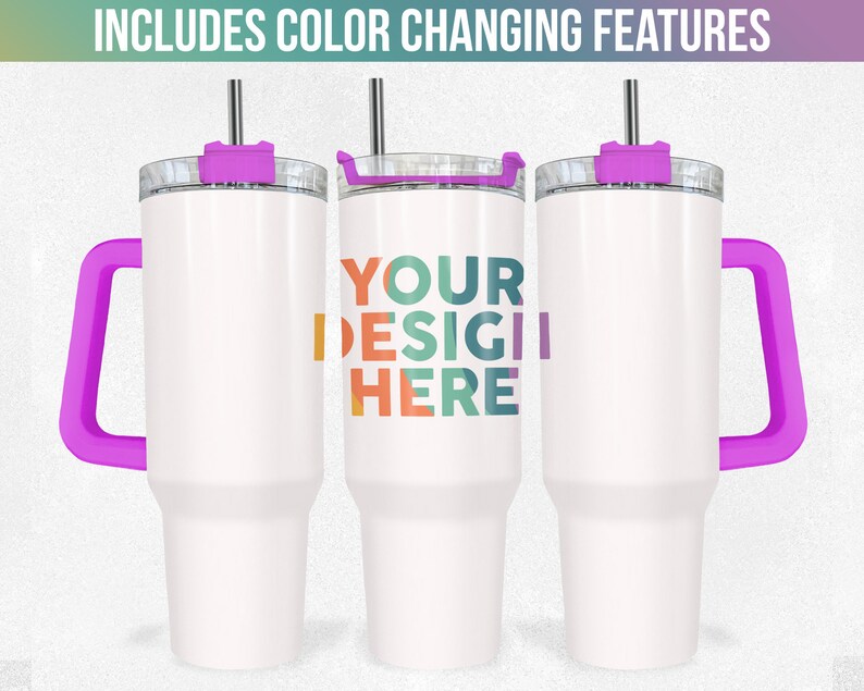 May include: Three white stainless steel tumblers with purple lids and handles. The middle tumbler has the text "YOUR DESIGN HERE" in colourful letters.