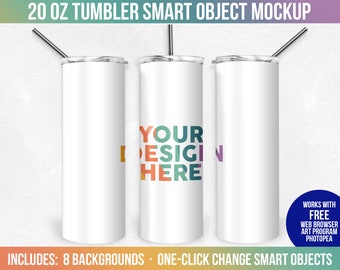 20 oz Skinny Tumbler Smart Object Mockup, Photoshop Mock-up, Full View Wrap, Add Your Own Image, Add Own Background