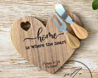 Personalized 8 in. Acacia Wood Heart Shaped Cutting Board with Knife and Fork Set, Valentines Gift, Housewarming Gift