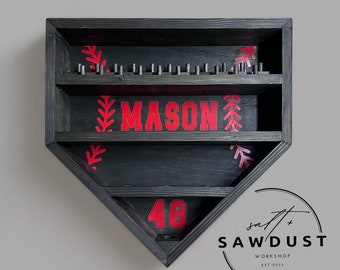 Personalized Baseball Ring Display Holder, Baseball Shelf, Homeplate Ring & Ball Display Shelf
