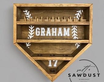 Personalized Baseball Ring Display Holder, Baseball Shelf, Homeplate Ring & Ball Display Shelf