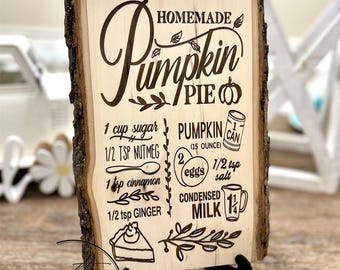 Rustic Pumpkin Pie Recipe | Thanksgiving Decor | Recipe Sign | Wood Pumpkin Pie Recipe