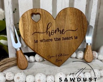 Personalized 8 in. Acacia Wood Heart Shaped Cutting Board with Knife and Fork Set, Valentines Gift, Housewarming Gift