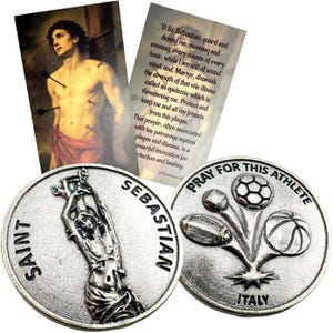 St Sebastian Token Prayer Set Italian Metal Pocket Trinket with Patron Saint of Sports Athletes Holy Card