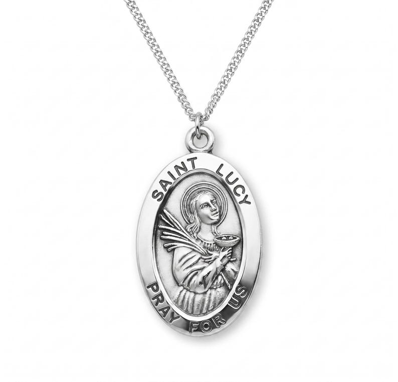 Saint Lucy Large Oval Sterling Silver Medal on a 24 Inch Endless ...