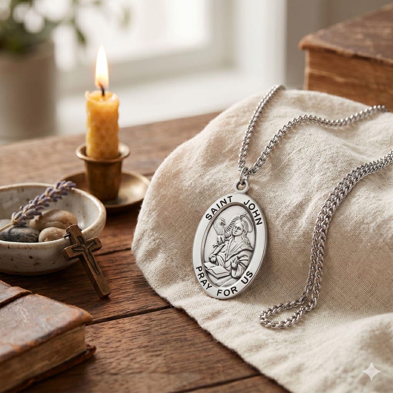 Saint John the Evangelist Large Oval Sterling Silver Medal on a 24 Inch ...
