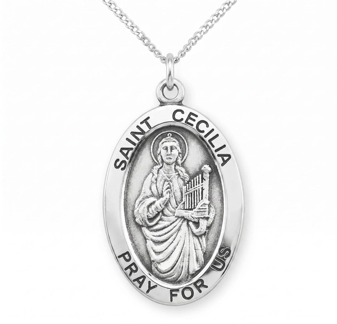 Saint Cecilia Oval Sterling Silver Medal on an 18 Inch Stainless Steel ...