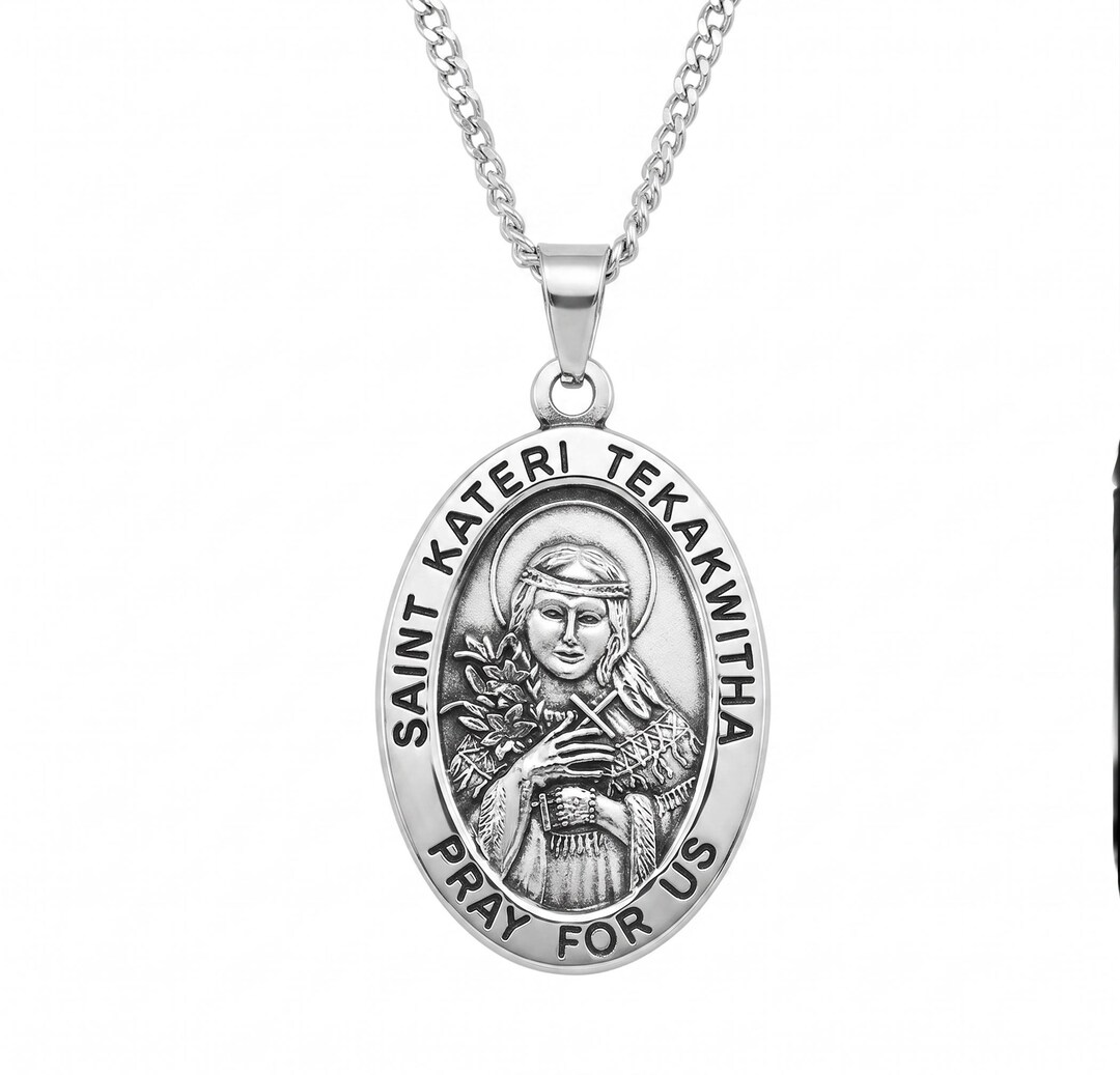 Saint Kateri Tekakwitha Large Oval Sterling Silver Medal on a 24 Inch ...