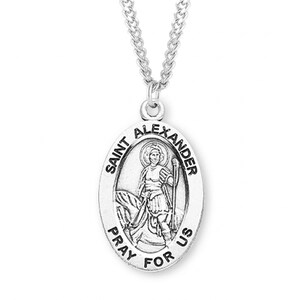 May include: A silver-colored Saint Alexander pendant on a chain. The oval pendant features an image of Saint Alexander with the words "Saint Alexander" and "Pray for Us" engraved around the edges.
