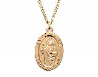 Saint Jude Oval 16kt Gold Over Sterling Silver Medal on a 20 Inch Gold Plated Curb Chain Handmade in the USA Saint Medallion in a Velvet Gif