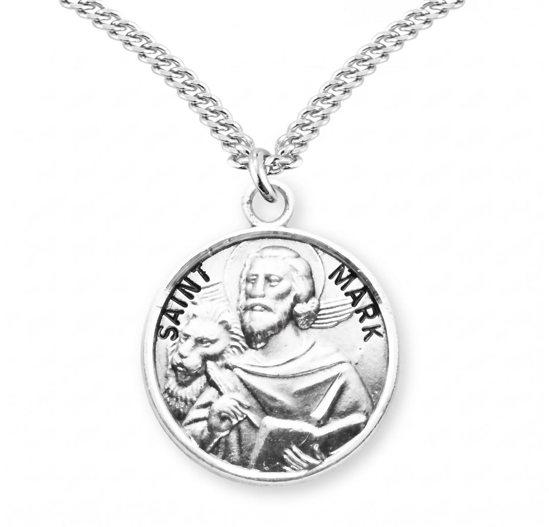 Saint Mark Round Sterling Silver Medal on a 20 Inch Stainless Steel ...